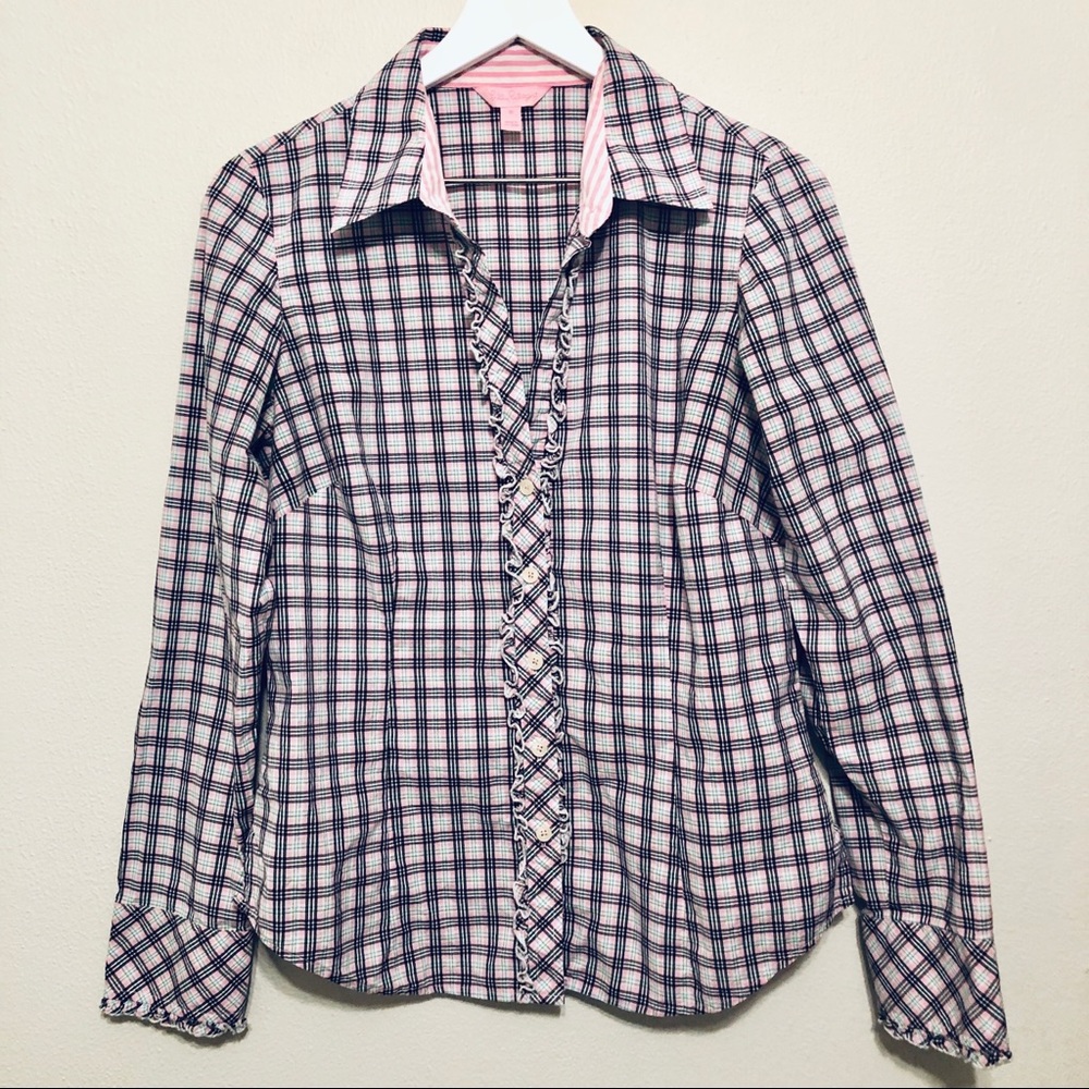 Lilly Pulitzer Pink Plaid Ruffle Shirt 100% Cotton